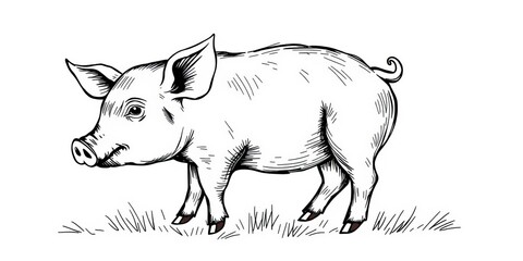 Fototapeta premium Hand drawn sketch of a cute piglet portrait in a farming and livestock setting, livestock, hand drawn