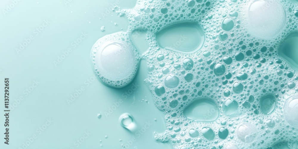 Poster playful close-up of bubbles in various shapes and sizes on light blue background with gradient textu