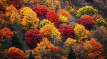A vibrant autumn landscape showcasing colorful trees in shades of red, orange, and yellow.