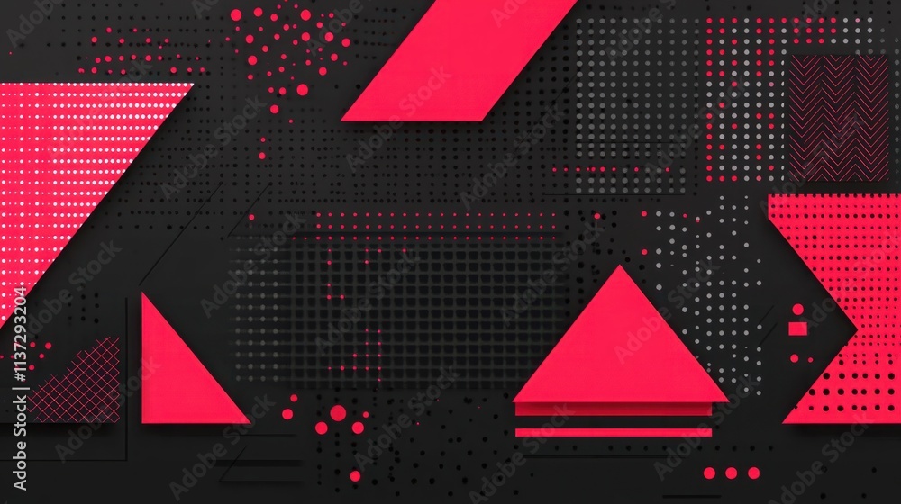 Poster vibrant geometric composition with bold red shapes and dots on a black background for modern design 