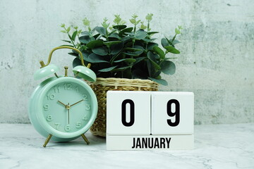 Wooden Calendar Showing the Date of January 9th. Day 9 of January month