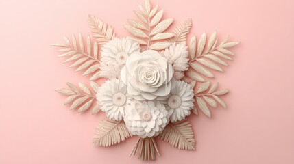 Elegant Arrangement of White Paper Flowers and Leaves on a Soft Pink Background, Perfect for Minimalist Home Decor and Wedding Themes