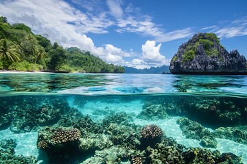 Fototapeta premium Idyllic half-submerged scenery in raja ampat, indonesia, featuring colorful coral reefs and serene tropical islands