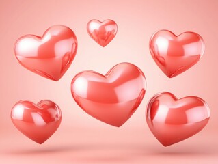 Glossy Red Hearts Floating on a Soft Pink Background for Romantic Themes, Valentine's Day Celebrations, or Love-Related Imagery in Various Design Projects