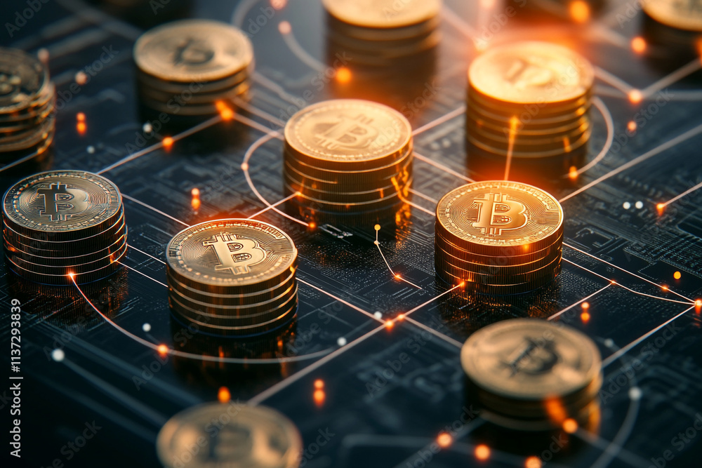 Poster bitcoin coins stacked on a digital background representing cryptocurrency transactions
