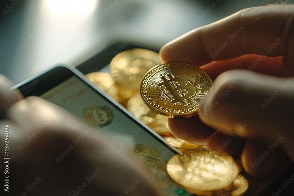 Poster holding a bitcoin while checking a digital wallet on a smartphone