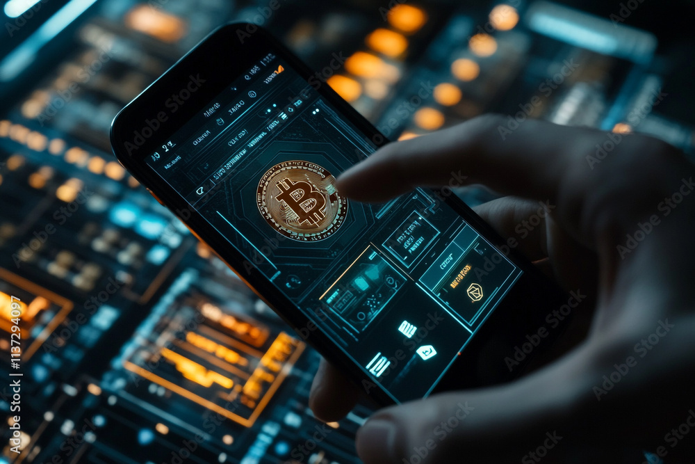 Poster engaging with cryptocurrency on a mobile device in a futuristic environment during the evening