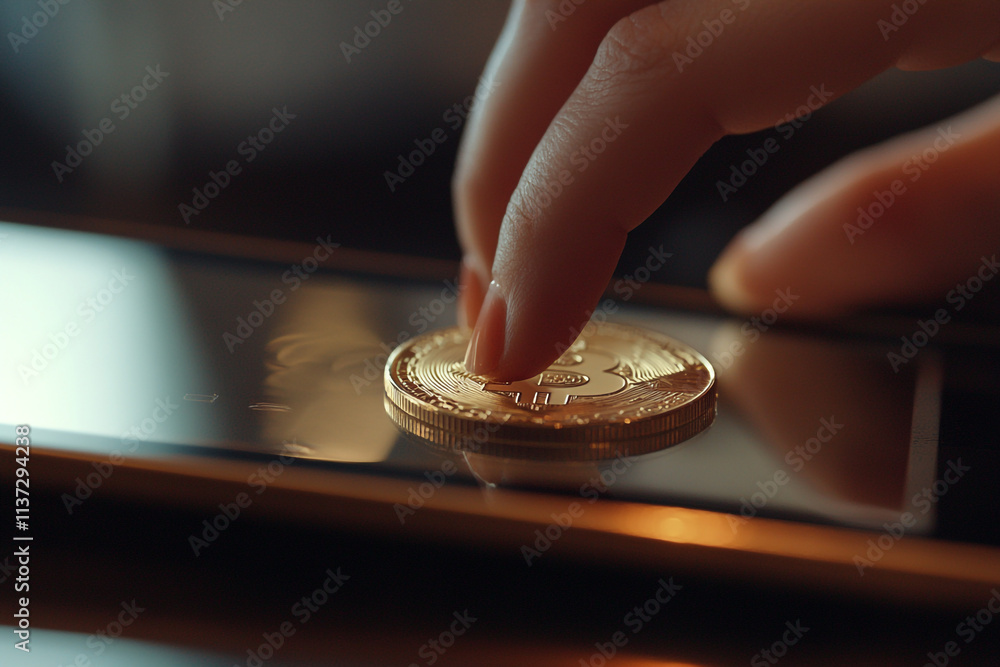 Poster engaging in cryptocurrency transaction with a bitcoin on a mobile device