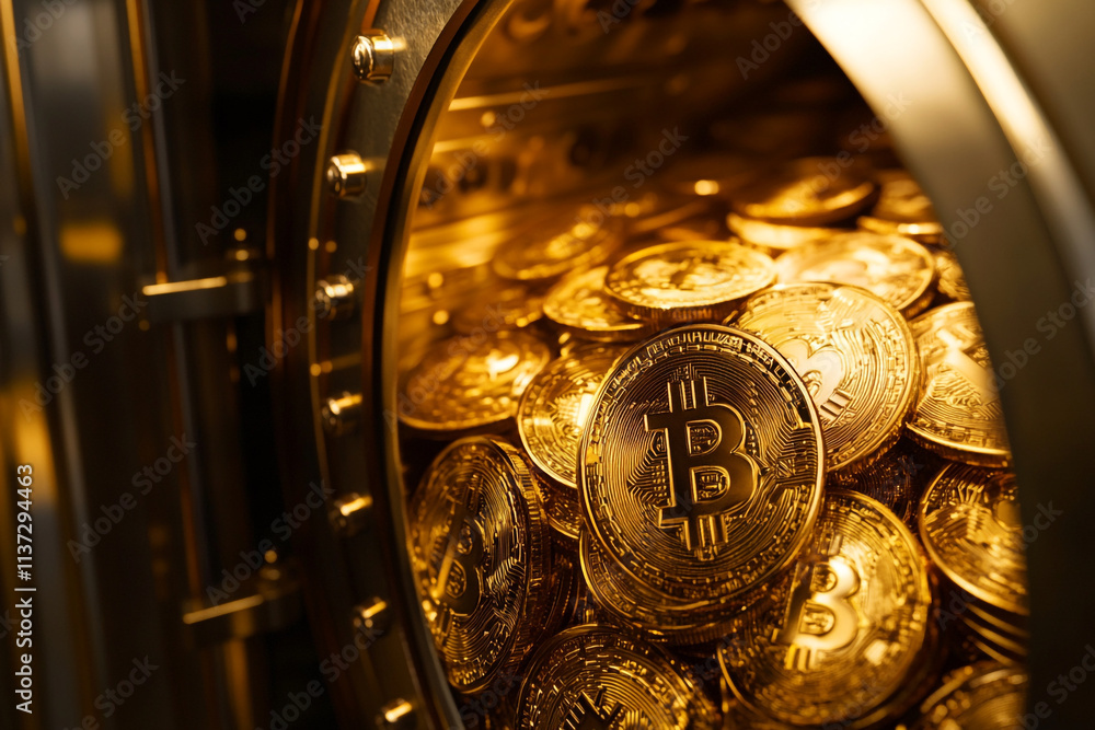 Poster bitcoin coins stored securely in a vault showcasing modern digital currency storage