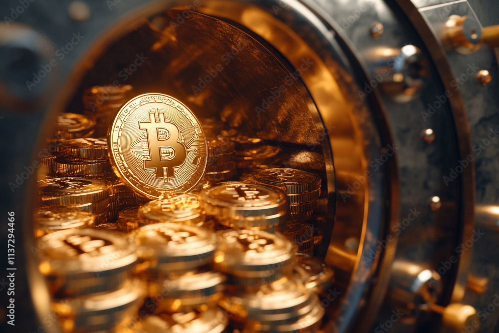 Poster bitcoin coins stacked inside a secure vault highlighting cryptocurrency's value and security