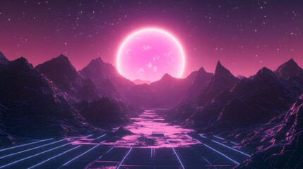 Retro futuristic landscape with a glowing pink moon and neon lines.