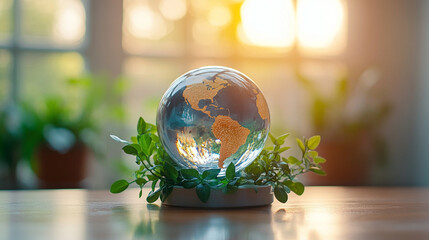 transparent glass globe rests delicately on a modern surface, symbolizing global unity, clarity, and the interconnectedness of humanity and nature, with light refracting through its crystal structure