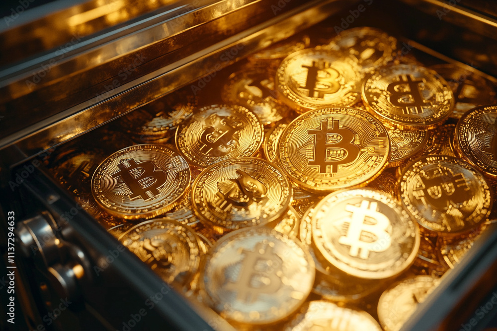 Poster box filled with shiny bitcoin coins reflecting light in a warm setting