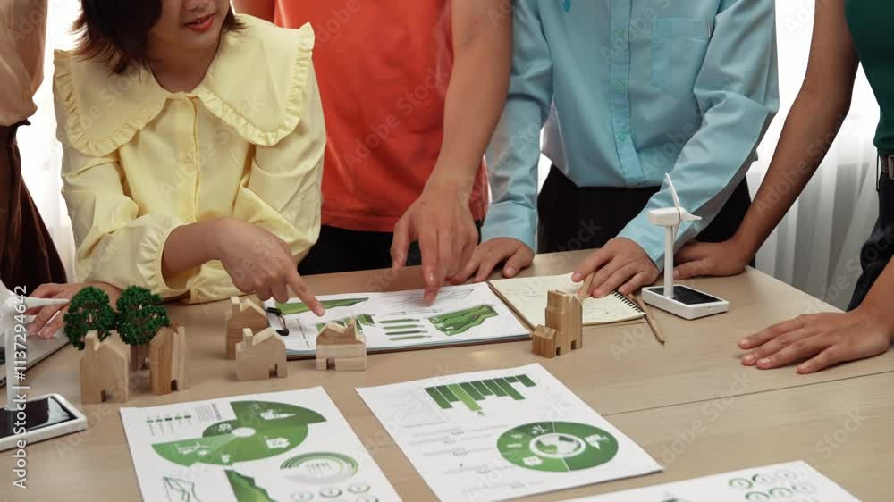 Poster business team consulting and analyzing green power graph usage for future esg of company. windmill m