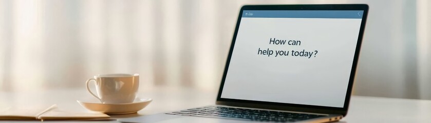 Naklejka premium Empathy-Driven Marketing Strategies to Connect with Audiences, A laptop with a coffee cup, displaying a message on a light background.