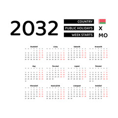 Calendar 2032 Belarusian language with Belarus public holidays. Week starts from Monday. Graphic design vector illustration.