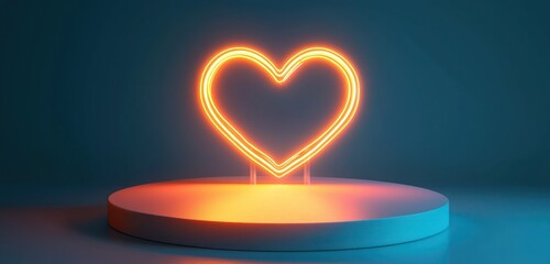 Glowing heart-shaped neon light on a podium, set for showcasing in a product display.