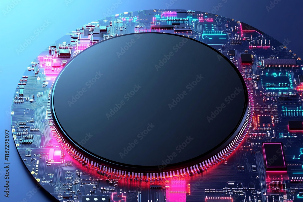 Poster modern circuit board design featuring a central processor and vibrant electronic components