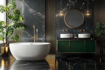 Elegant bathroom with a luxurious freestanding tub, stylish vanity, and lush greenery set against marble walls and modern decor.