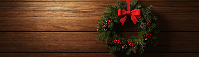 Wreath made of holly, pine branches, and a red bow hanging on a wooden door