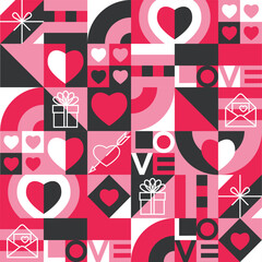 seamless Valentine's day pattern of symbols and geometric shapes in pink, red, black and white colors. a flat drawing with linear elements. EPS 10
