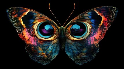 Naklejka premium A vibrant butterfly with large, colorful eyes, set against a black background.