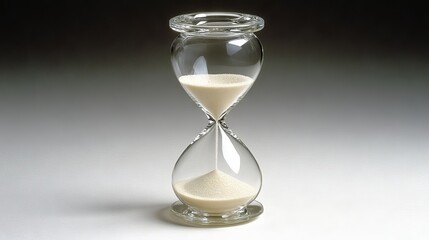 81.Crisp image of a minimalist hourglass with fine sand gently falling through its center, set against a bright white backdrop; high-resolution details capture the clarity of the glass and the even