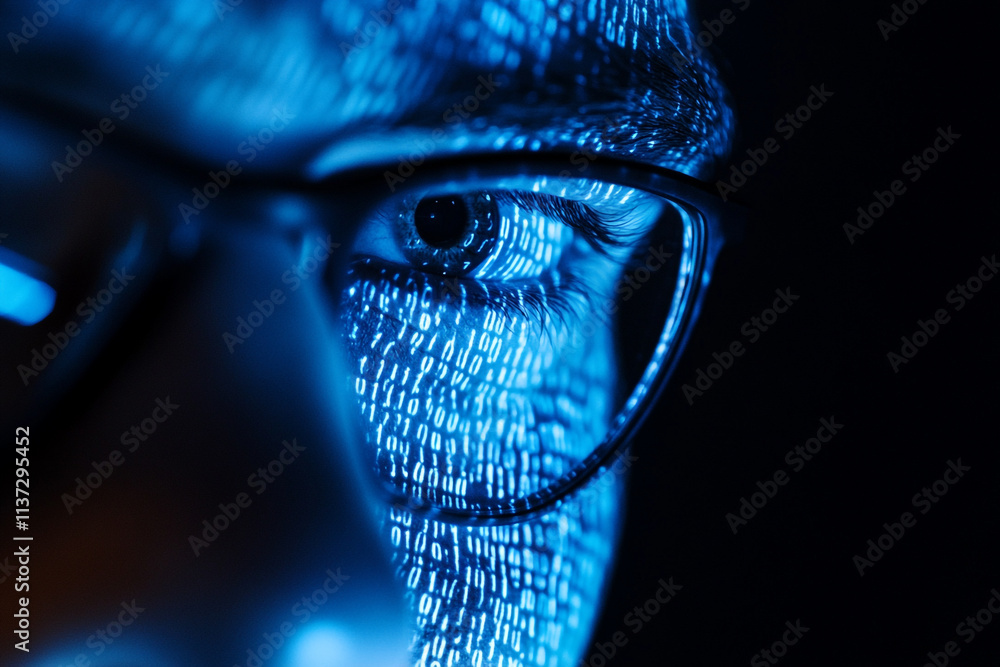 Poster close-up of an eye reflecting digital code in a dark environment during a tech-focused event