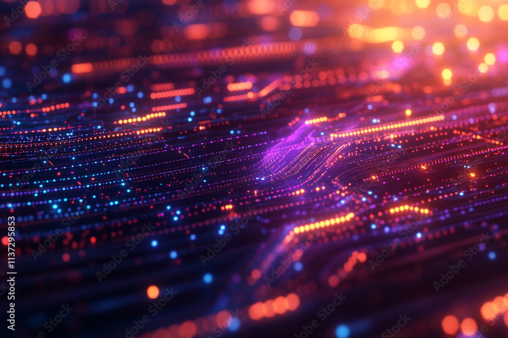 Poster colorful digital circuit board design with glowing lights and intricate patterns