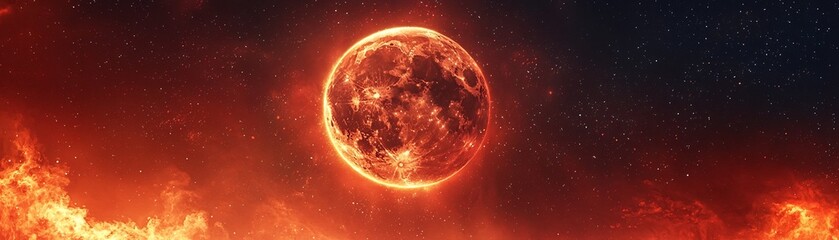 Obraz premium Dramatic Crimson Moon in Ominous Cosmic Eclipse over Dark Glowing Nebula Backdrop