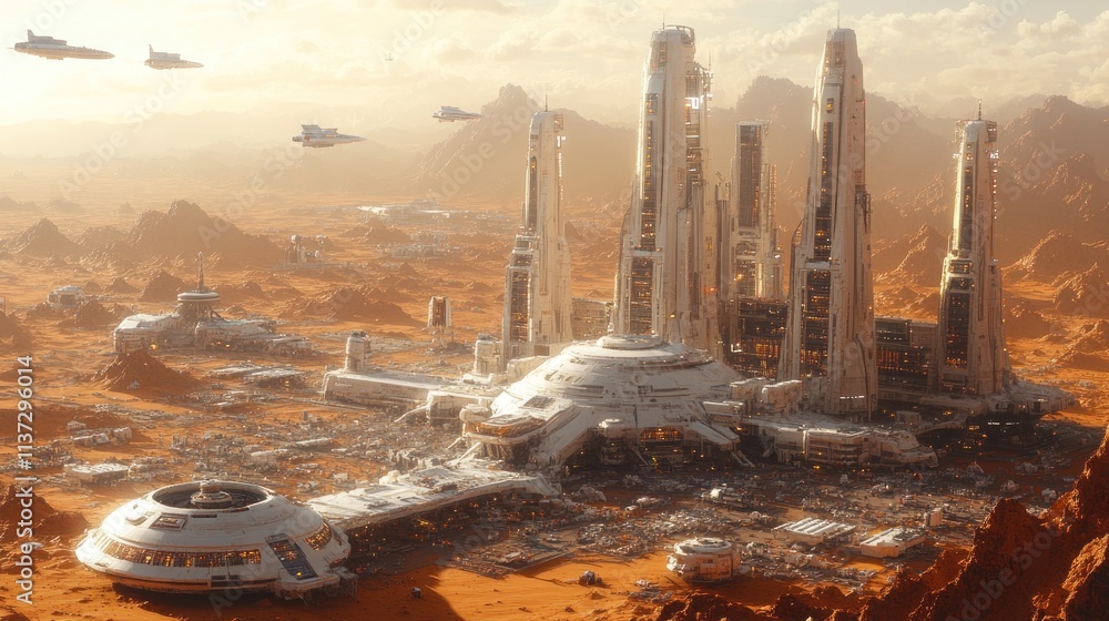 Poster futuristic cityscape on a barren landscape with advanced structures and spacecraft above.