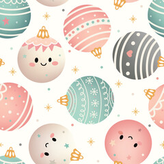 Cute hand drawn seamless vector pattern with kawaii christmas cartoon baubles ornament in Pastel Colors