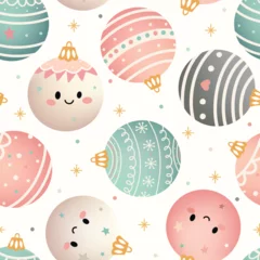 Cute hand drawn seamless vector pattern with kawaii christmas cartoon baubles ornament in Pastel Colors © LindaAyu