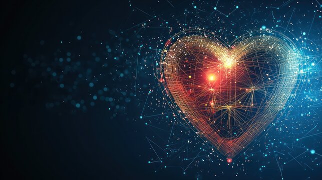 Glowing heart with abstract lines and dots on a dark blue background, evoking love.