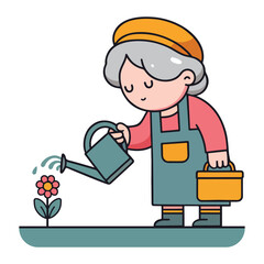 Cute grandmother watering plants cartoon vector illustration in flat style