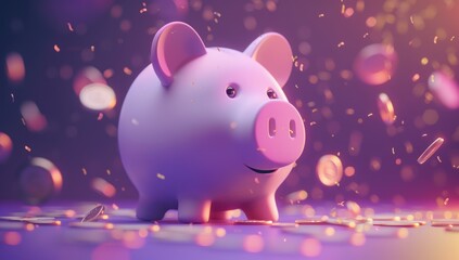 Pink Piggy Bank Surrounded by Falling Coins