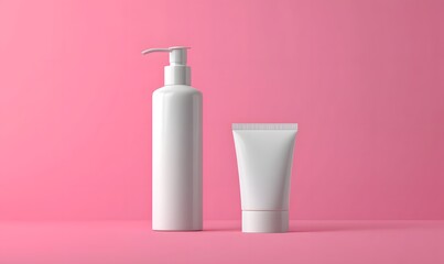 White cosmetic bottles on pink background