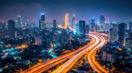 Fototapeta premium A vibrant city skyline at night with illuminated buildings and winding traffic.