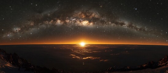 Milky Way Galaxy Spanning Horizon at Dusk with Silhouetted Mountains