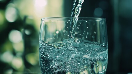 20.Clear glass being filled with water, with a stream of liquid pouring in and creating soft bubbles; green blurred background adds freshness, highlighting the clean and refreshing quality of the