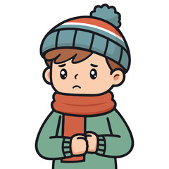 Cute Vector Illustration of a Boy with a Fever, Shivering in Warm Outfit