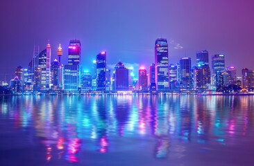 Fototapeta premium Nighttime Skyline with Vivid Reflections