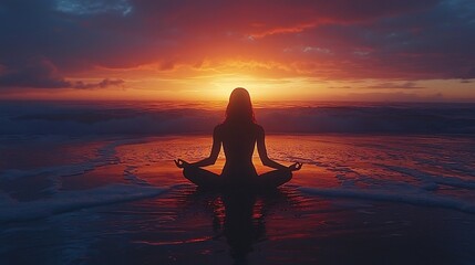 Fototapeta premium Silhouetted Yoga Practitioner Meditating on Serene Beach at Breathtaking Sunrise