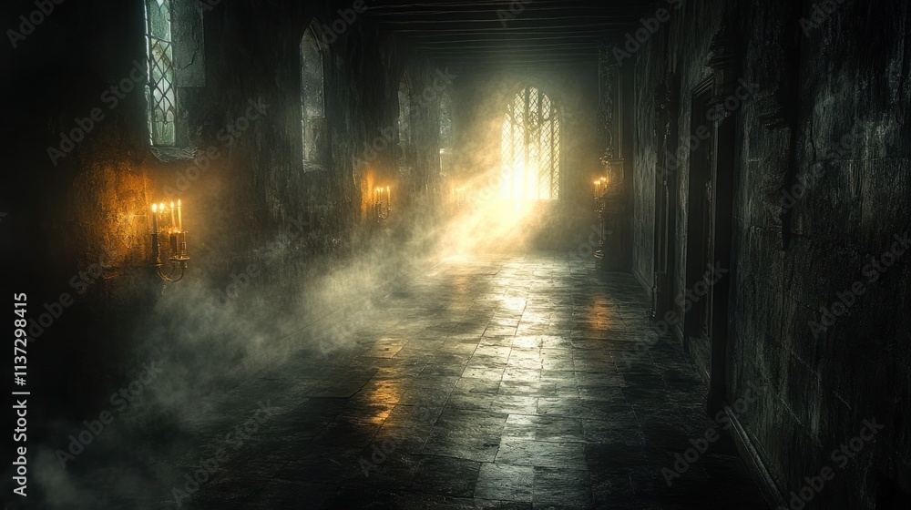 Poster a dimly lit corridor with ethereal light and mist, creating a mysterious atmosphere.