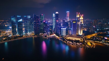 Fototapeta premium A vibrant city skyline illuminated at night, reflecting on the water below.