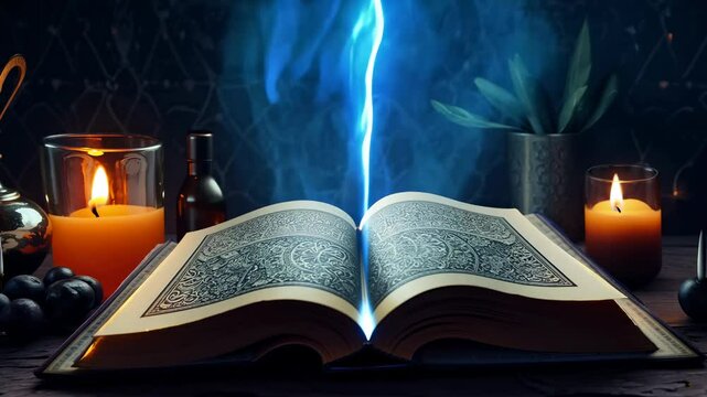 Open spell book with glowing pages. Explore the mysteries of the arcane as the glowing pages of the spell book come alive with ancient spells.