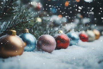 Photo: Christmas Ornaments in the Snow, Festive Winter Scene