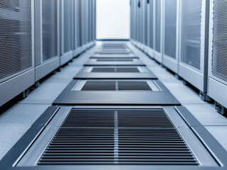 Obraz premium High angle view of airflow vents in modern data center corridor
