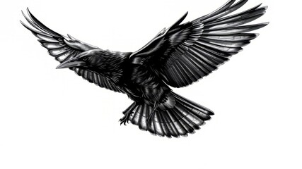 Obraz premium Black and White Crow in Flight - Detailed Illustration, Dramatic Lighting