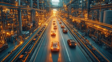 Naklejka premium Dynamic industrial evolution ai-powered automation in a futuristic manufacturing hub urban setting high-tech environment aerial view embracing technology and future innovations
